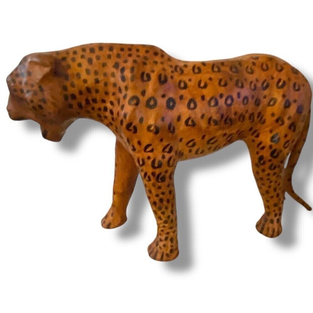 Vintage Leather Wrapped Leopard Cheetah Cat Glass Eyes 16”L x 10” Shelf Style - Picture 5 of 9